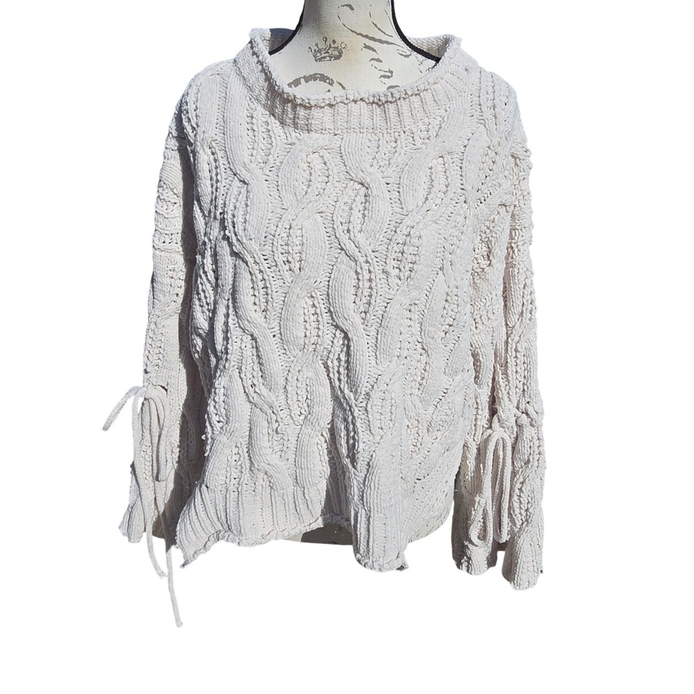 POL Cream Cable Knit‎ Mock Neck Sweater Size S Fringe Ties
